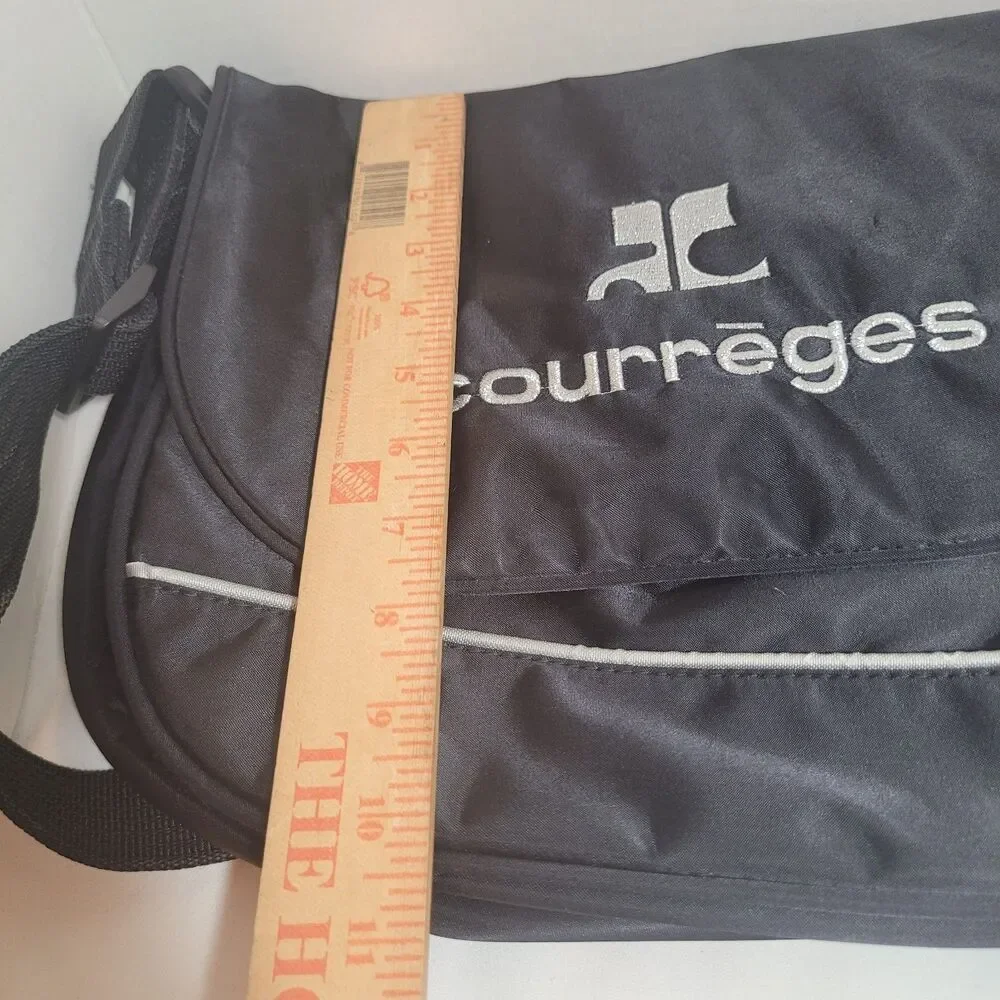 COURREGES Black Silver Logo Nylon Messenger Bag Vintage Crossbody 1990s
